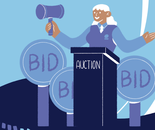 graphic shows a cartoon auctioneer at a podium with bid signs around